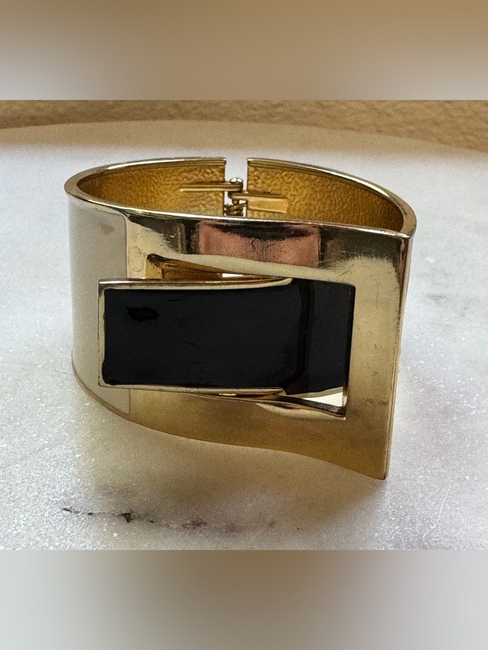 Gold-Tone Black and White Enamel Buckle Clamper Bracelet - Picture 3 of 11